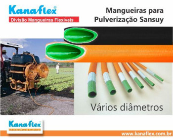 De coloração preta ou laranja e interno verde, a mangueira Kanaflex flexível SANSUY SUPER é fabricada com trama em fios de poliéster, resiste à altas pressões, sendo destinada à pulverização agrícola em água, ar comprimido e líquidos não corrosivos, por exemplo. 